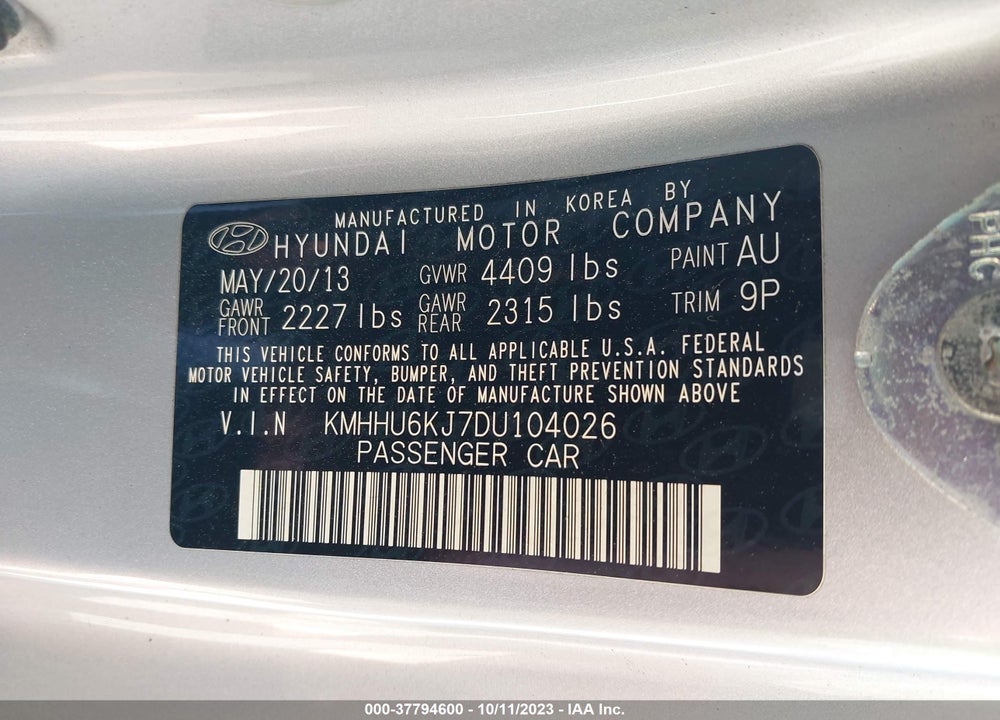 2013 HYUNDAI GENESIS 3.8 GRAND TOURING VIN: KMHHU6KJ7DU104026