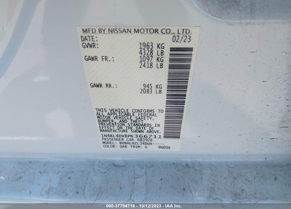 2023 NISSAN ALTIMA SV FWD VIN: 1N4BL4DV8PN366711
