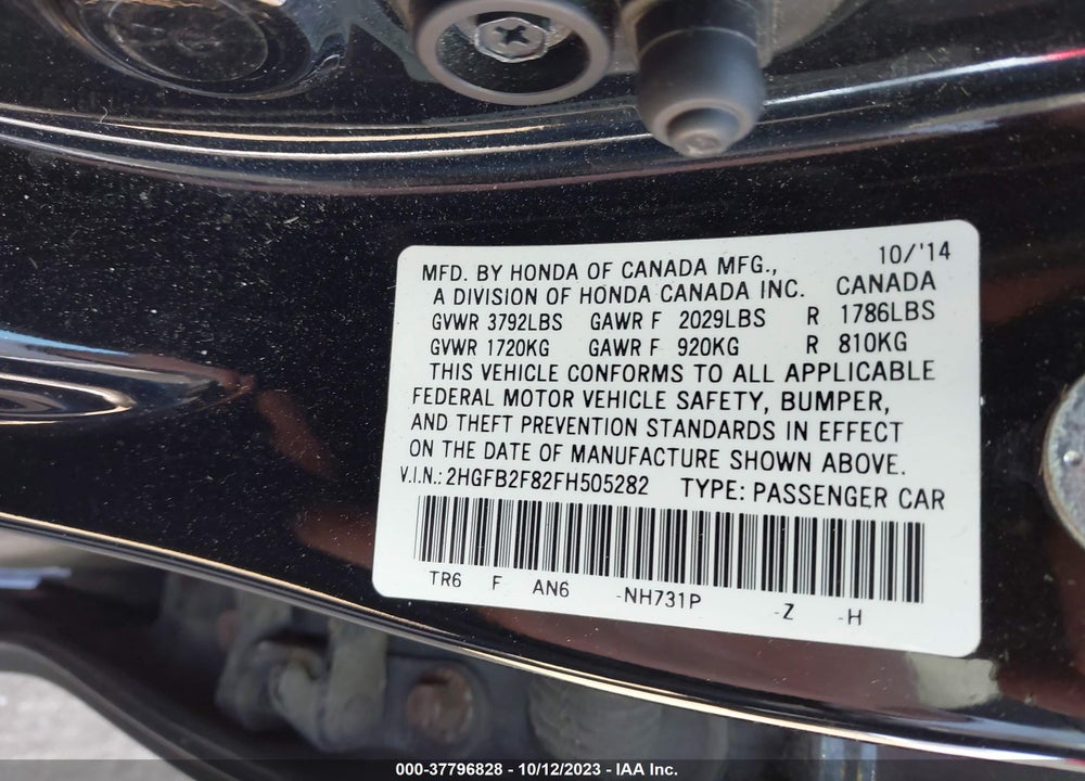 2015 HONDA CIVIC EX VIN: 2HGFB2F82FH505282