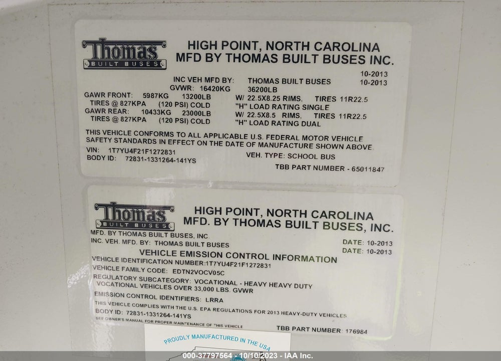 2015 THOMAS SCHOOL BUS VIN: 1T7YU4F21F1272831