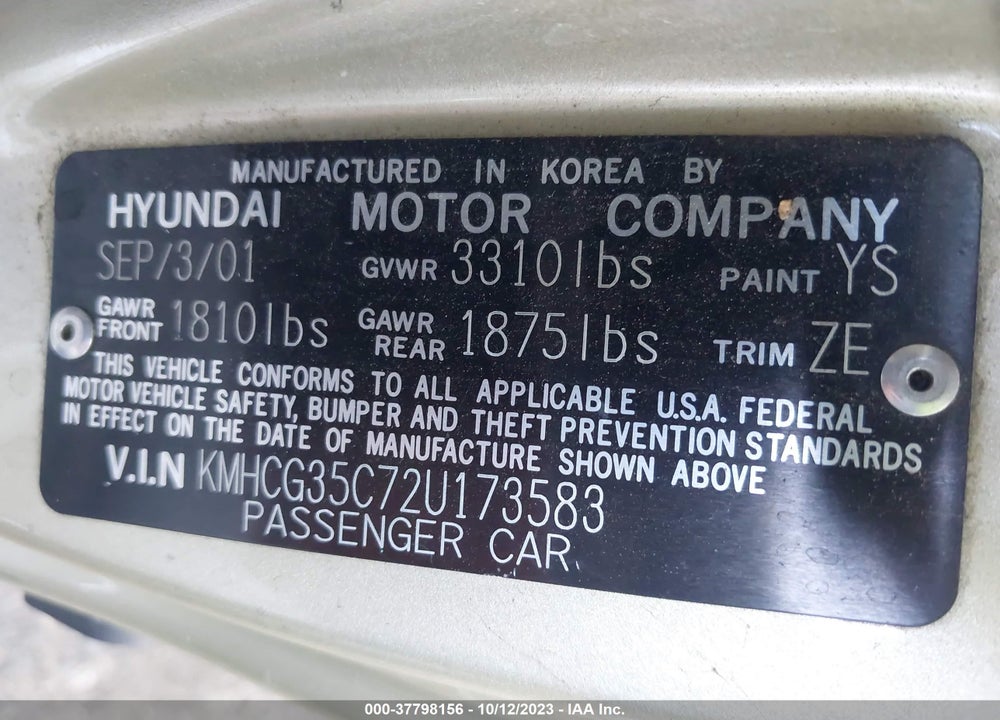 2002 HYUNDAI ACCENT GS VIN: KMHCG35C72U173583