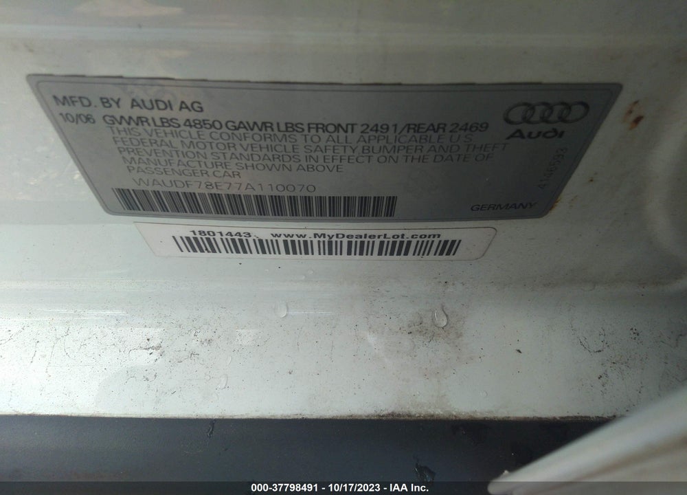 2007 AUDI A4 2.0T VIN: WAUDF78E77A110070