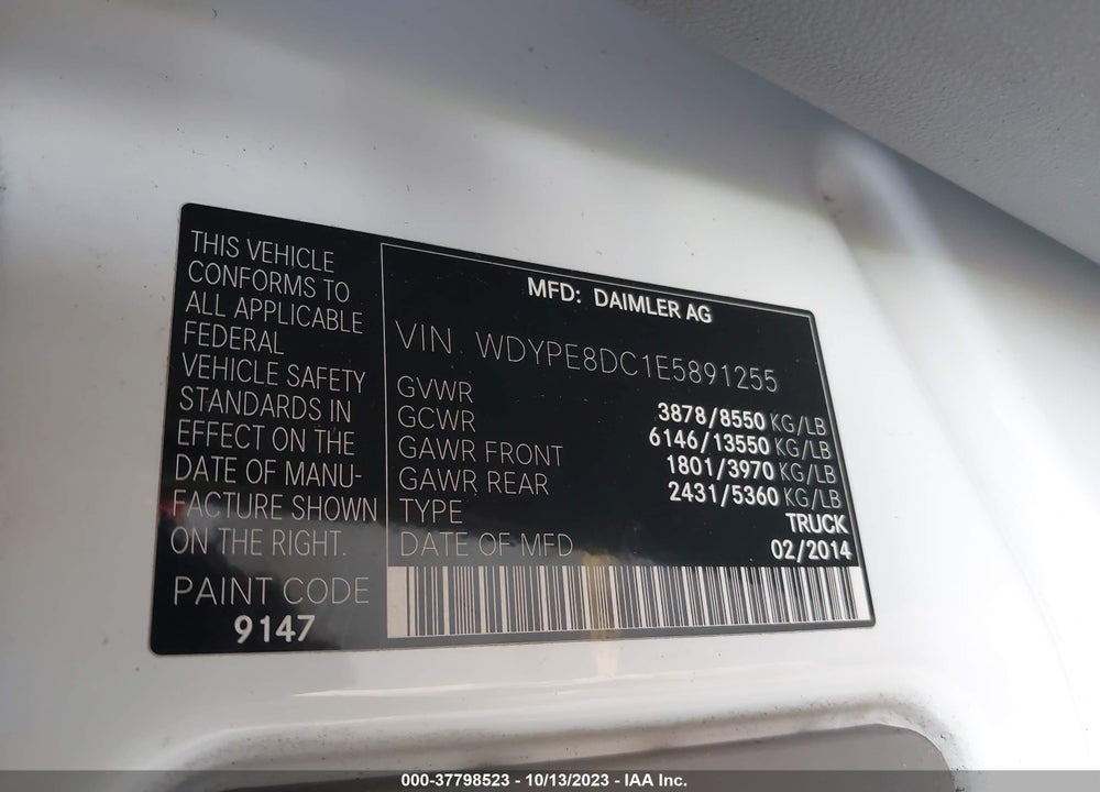 2014 FREIGHTLINER SPRINTER 2500 HIGH ROOF VIN: WDYPE8DC1E5891255