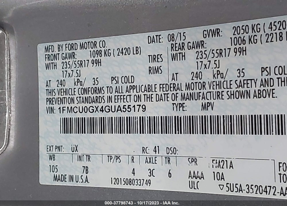 2016 FORD ESCAPE SE VIN: 1FMCU0GX4GUA55179