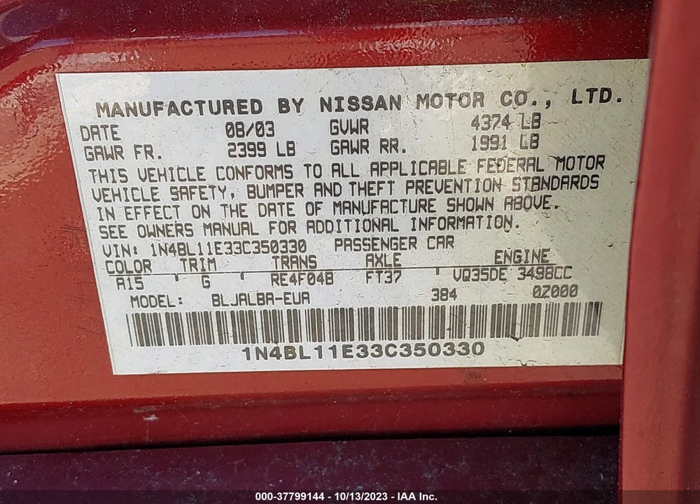 2003 NISSAN ALTIMA SE VIN: 1N4BL11E33C350330