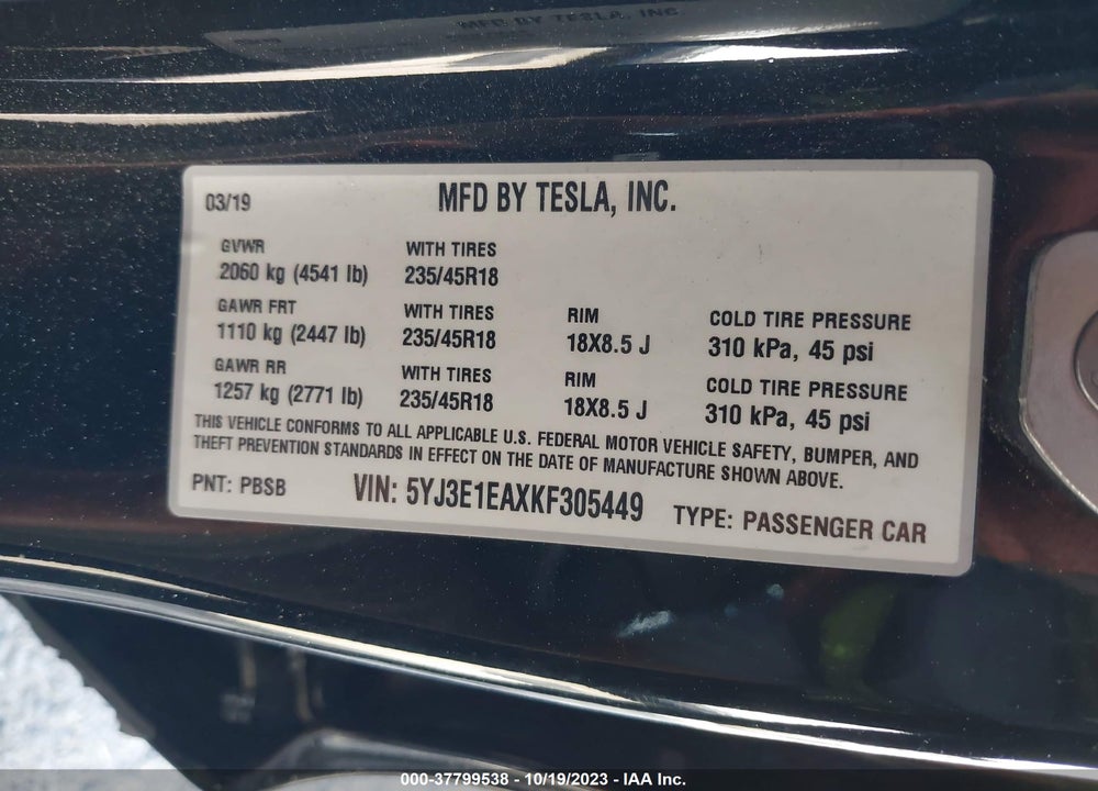 2019 TESLA MODEL 3 MID RANGE/STANDARD RANGE/STANDARD RANGE PLUS/LONG RANGE VIN: 5YJ3E1EAXKF305449