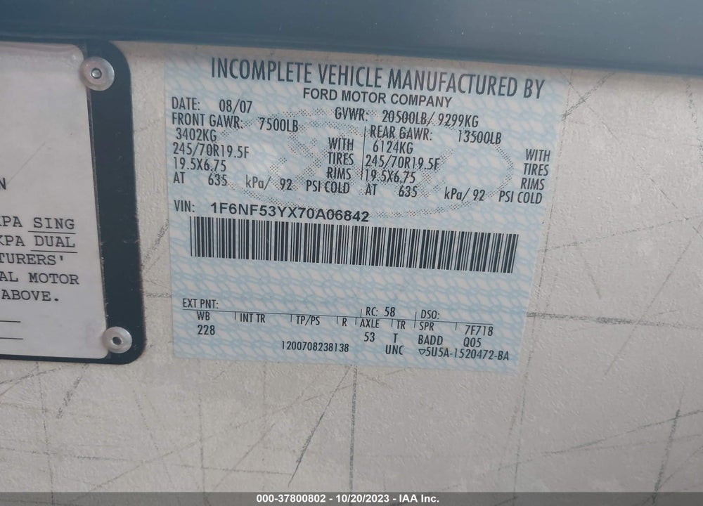 2008 WINNEBAGO MOTORHOME VIN: 1F6NF53YX70A06842