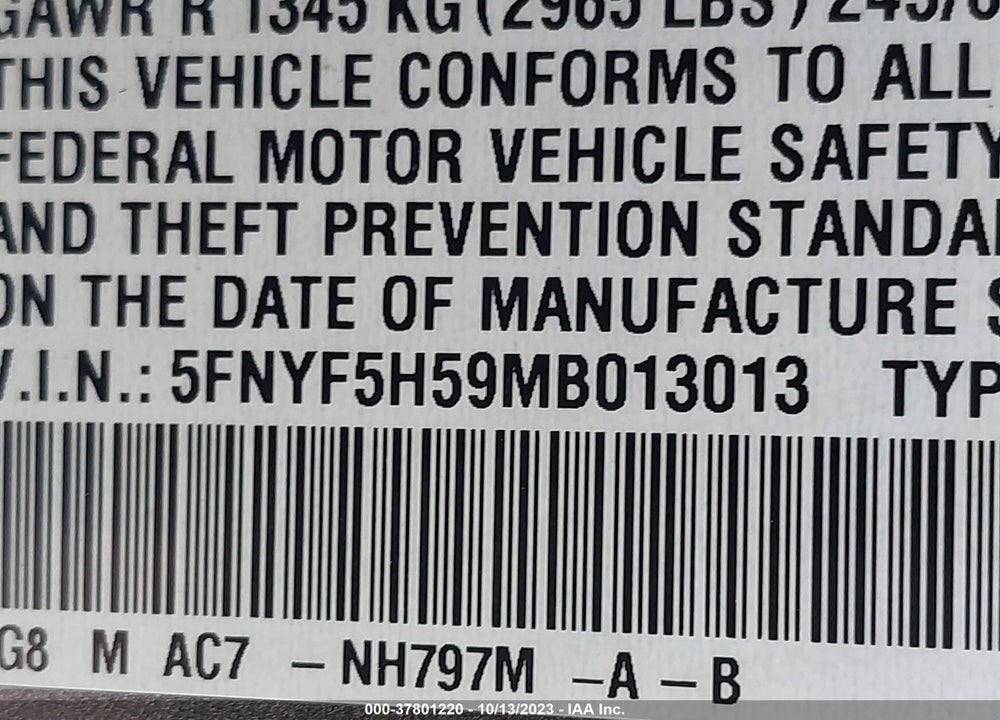 2021 HONDA PILOT 2WD EX-L VIN: 5FNYF5H59MB013013