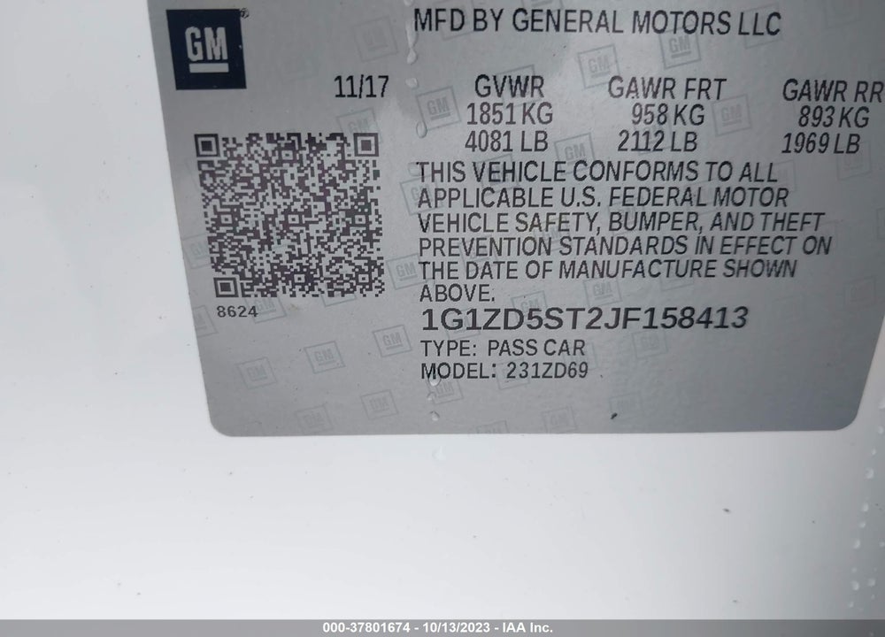 2018 CHEVROLET MALIBU VIN: 1G1ZD5ST2JF158413