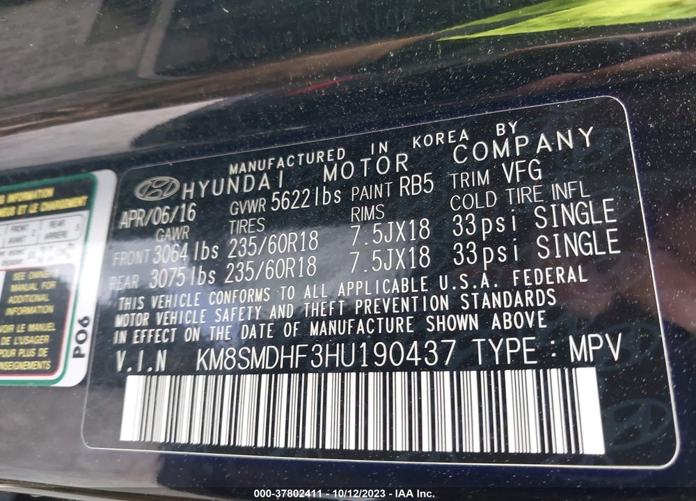 2017 HYUNDAI SANTA FE SE VIN: KM8SMDHF3HU190437