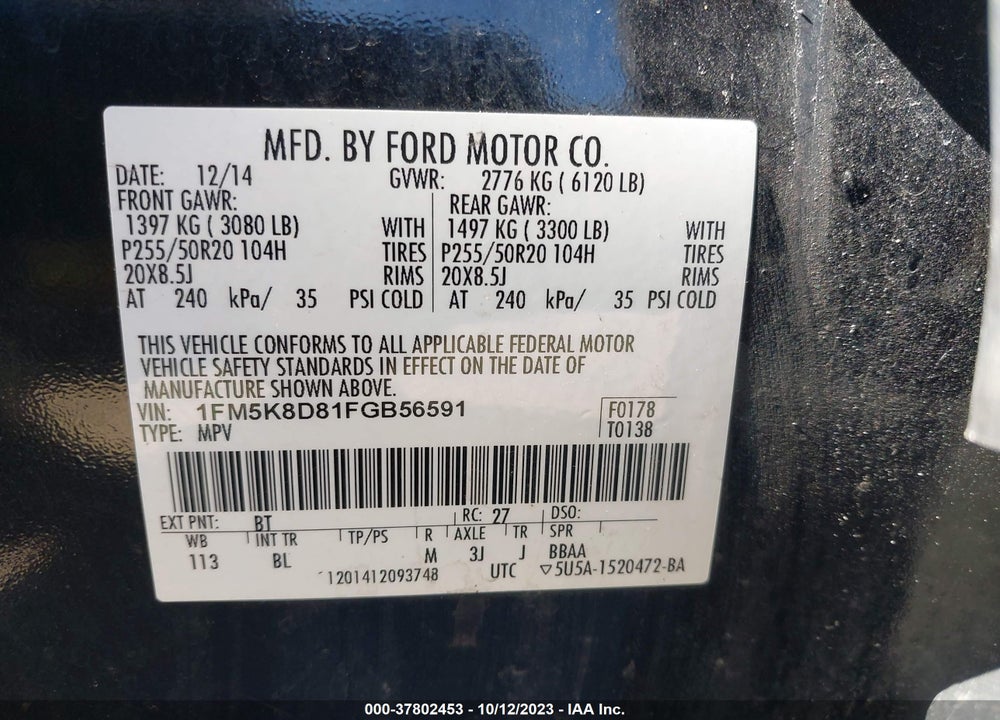 2015 FORD EXPLORER VIN: 1FM5K8D81FGB56591