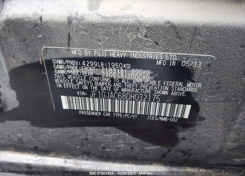 2013 SUBARU IMPREZA 2.0I PREMIUM VIN: JF1GJAC68DH032175