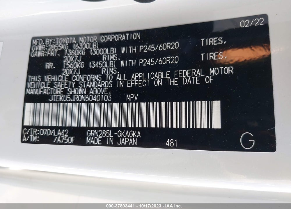 2022 TOYOTA 4RUNNER LIMITED VIN: JTEKU5JR0N6040103