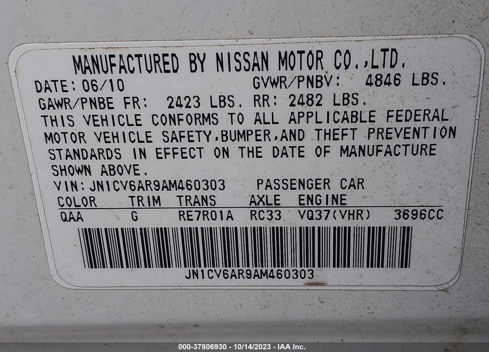 2010 INFINITI G37X VIN: JN1CV6AR9AM460303