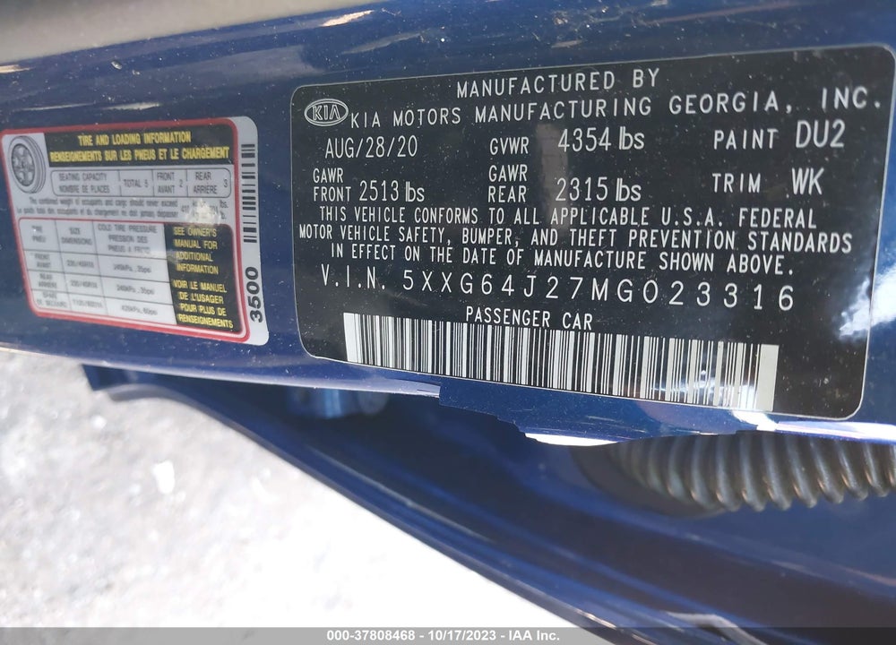 2021 KIA K5 GT LINE VIN: 5XXG64J27MG023316