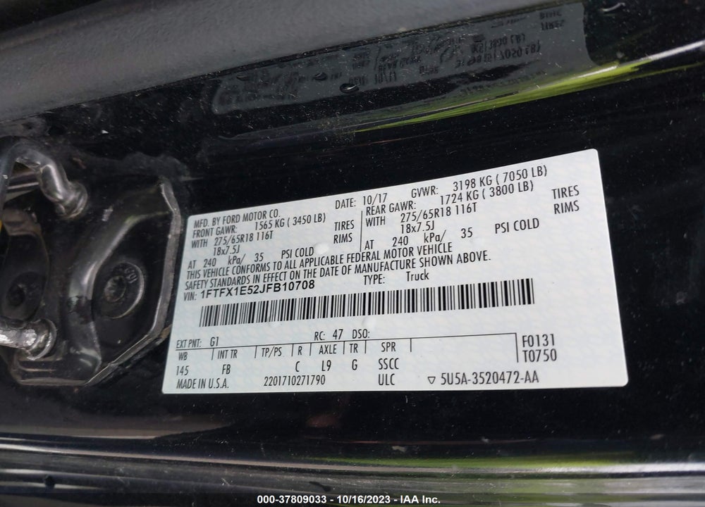 2018 FORD F-150 XLT VIN: 1FTFX1E52JFB10708