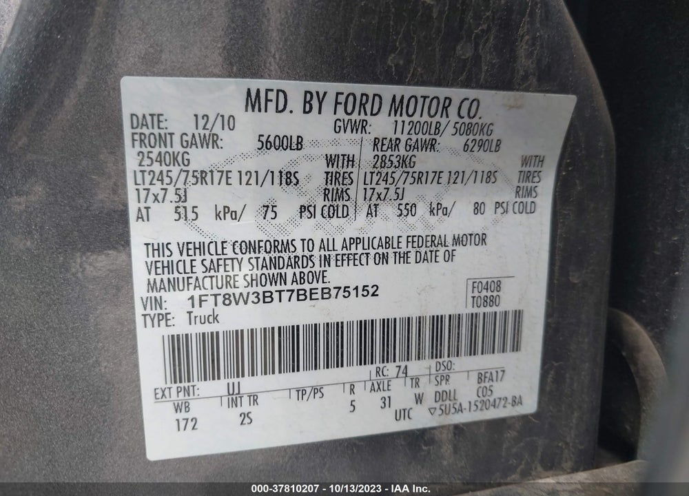 2011 FORD F-350 XLT VIN: 1FT8W3BT7BEB75152