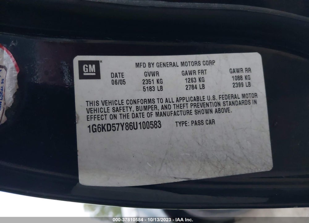2006 CADILLAC DTS STANDARD VIN: 1G6KD57Y86U100583