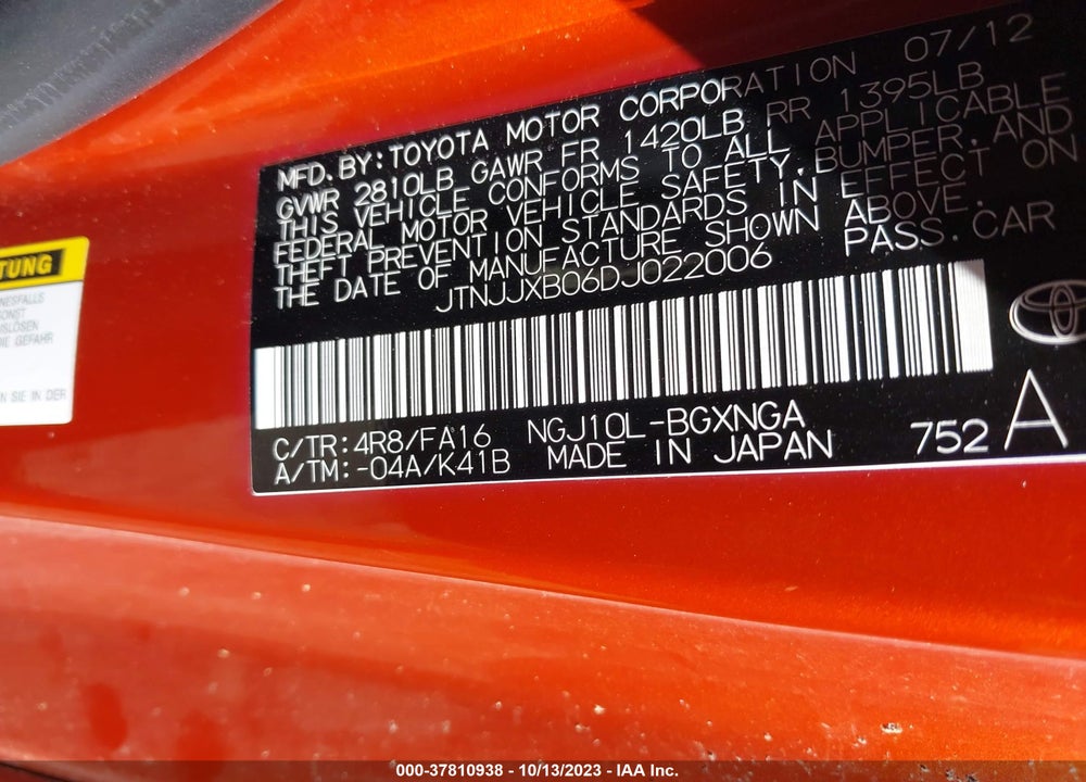 2013 SCION IQ VIN: JTNJJXB06DJ022006