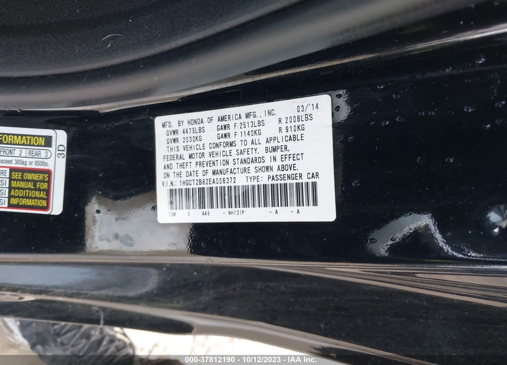 2014 HONDA ACCORD EX-L V-6 VIN: 1HGCT2B82EA006372