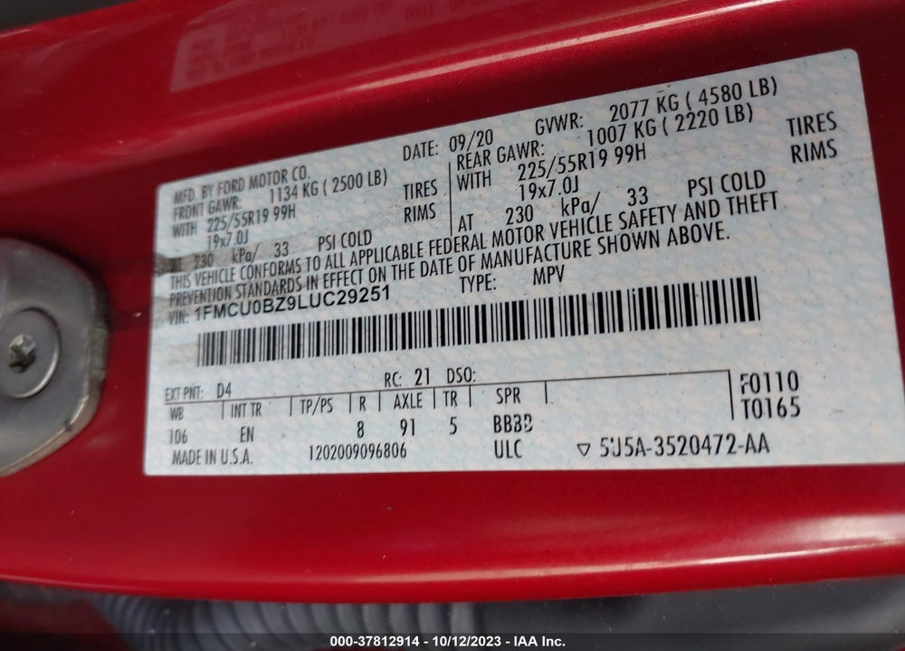2020 FORD ESCAPE SE SPORT HYBRID VIN: 1FMCU0BZ9LUC29251