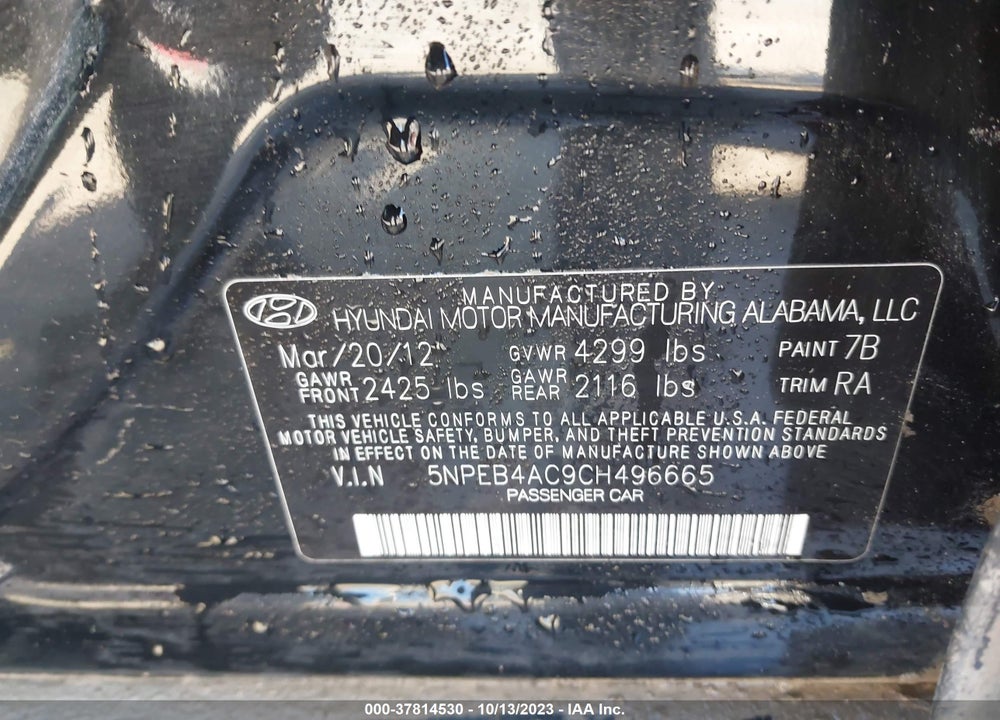 2012 HYUNDAI SONATA GLS VIN: 5NPEB4AC9CH496665