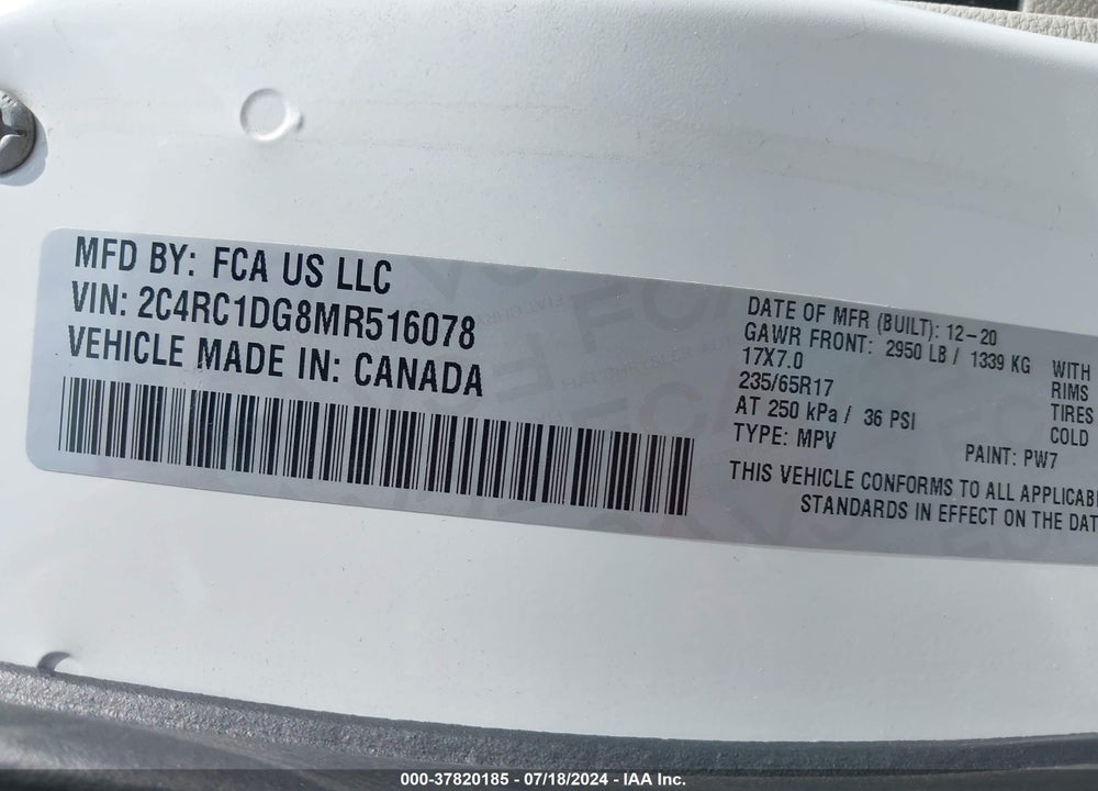 2021 CHRYSLER VOYAGER LXI VIN: 2C4RC1DG8MR516078
