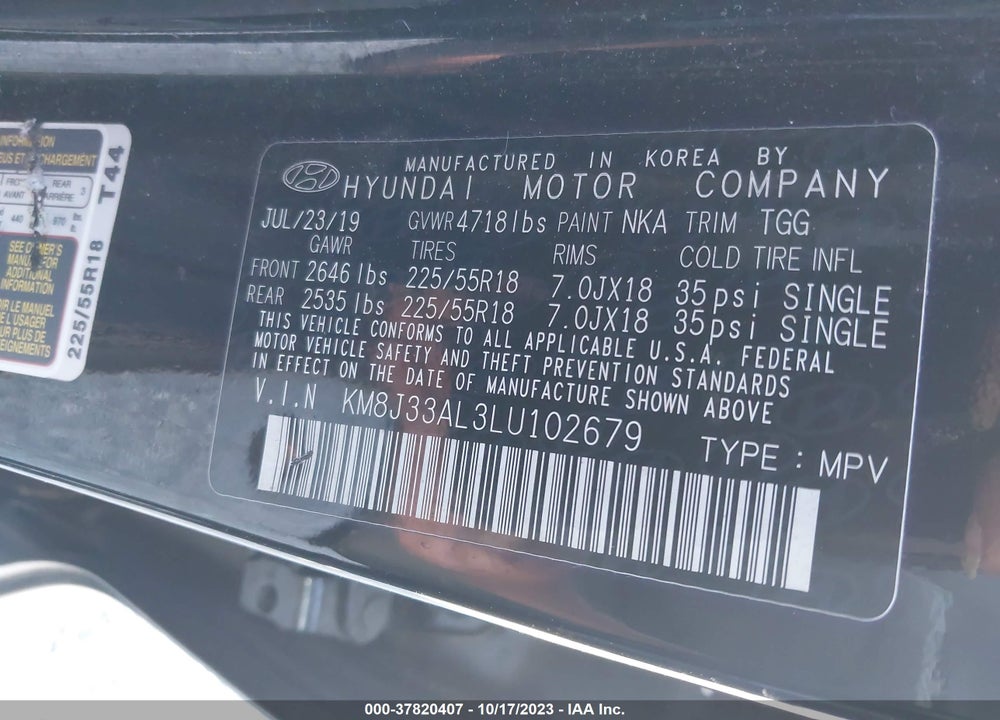 2020 HYUNDAI TUCSON SEL VIN: KM8J33AL3LU102679