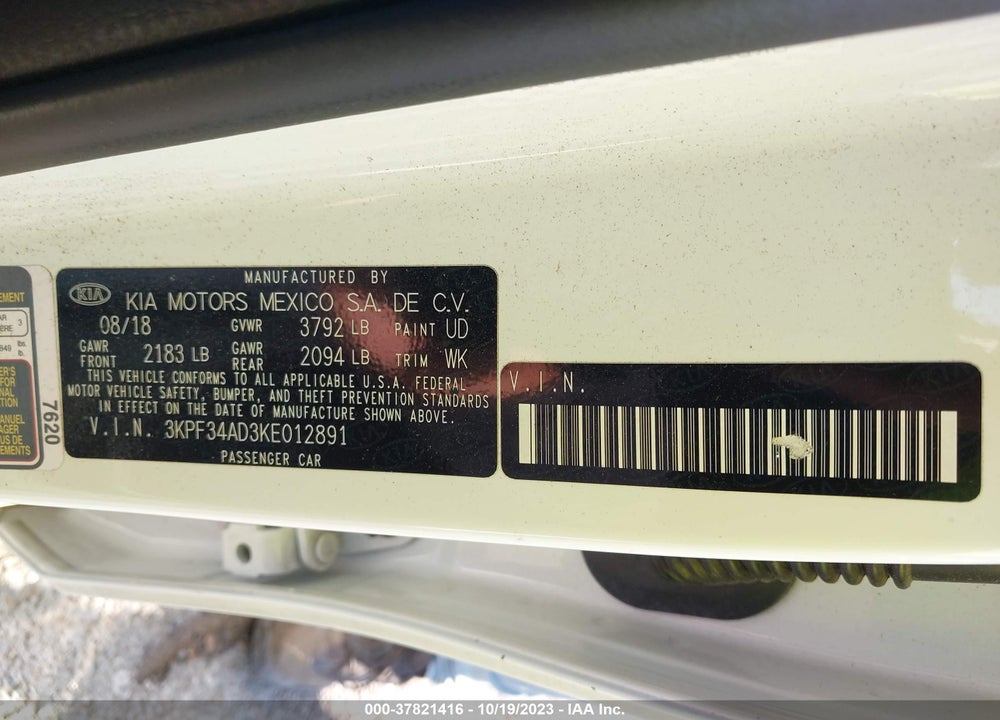 2019 KIA FORTE S VIN: 3KPF34AD3KE012891