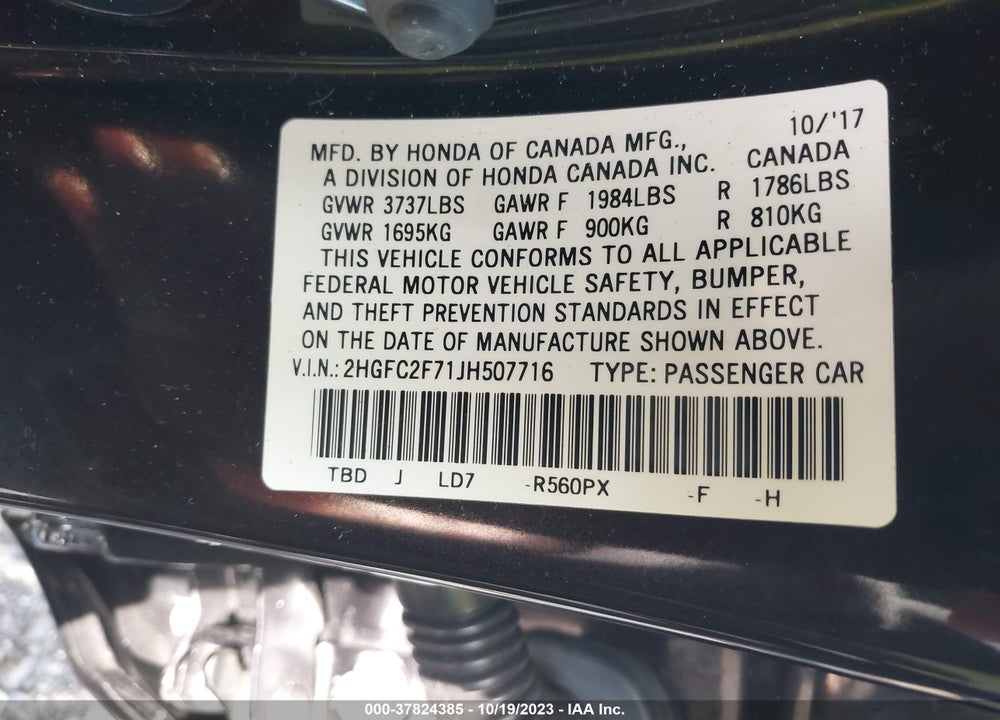 2018 HONDA CIVIC EX VIN: 2HGFC2F71JH507716