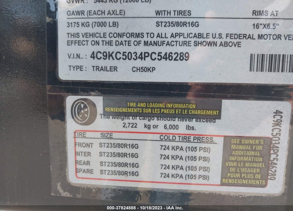 2023 CAL TEX AUTO TRANSPORTER VIN: 4C9KC5034PC546289