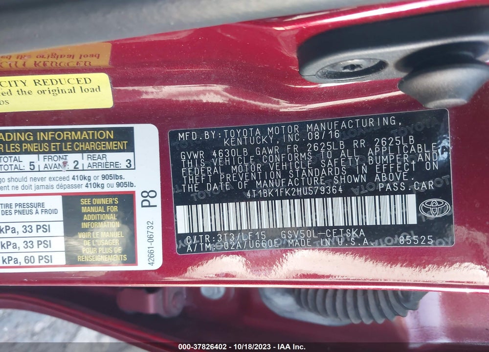 2017 TOYOTA CAMRY XSE V6 VIN: 4T1BK1FK2HU579364