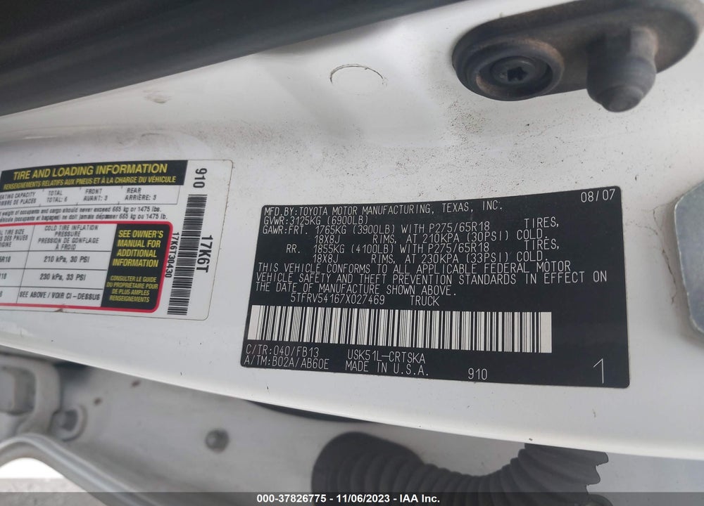 2007 TOYOTA TUNDRA SR5 V8 VIN: 5TFRV54167X027469