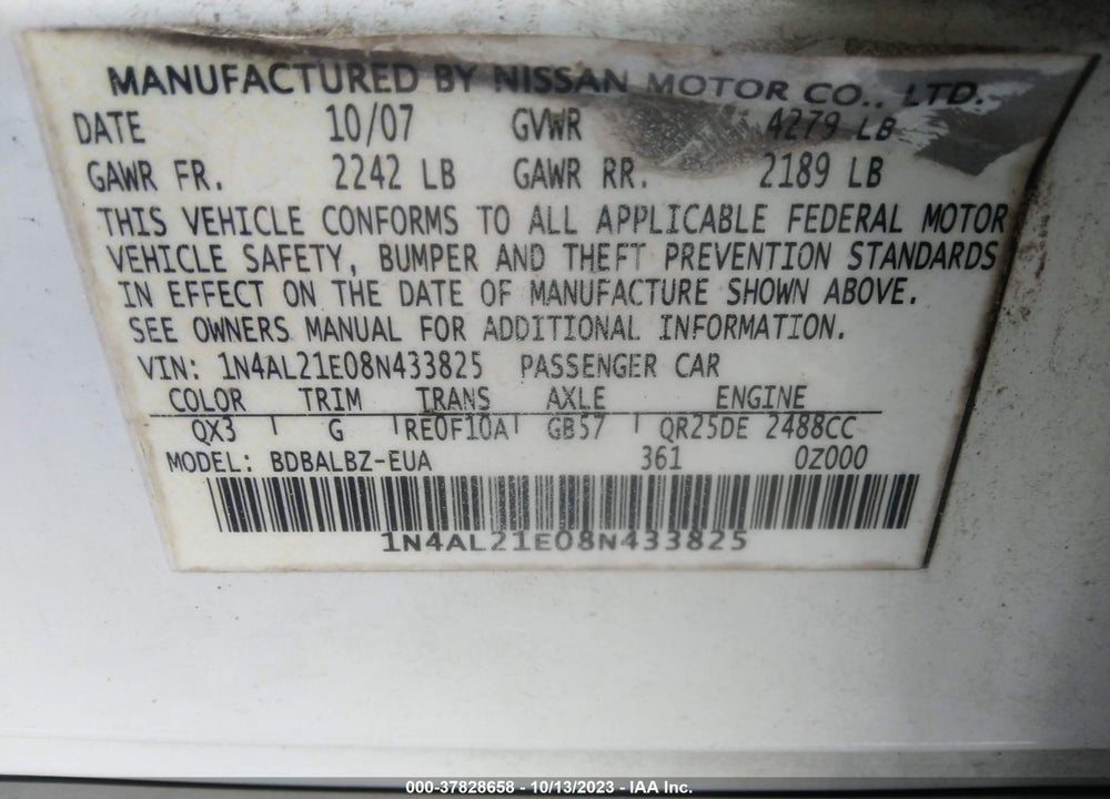 2008 NISSAN ALTIMA 2.5 S VIN: 1N4AL21E08N433825