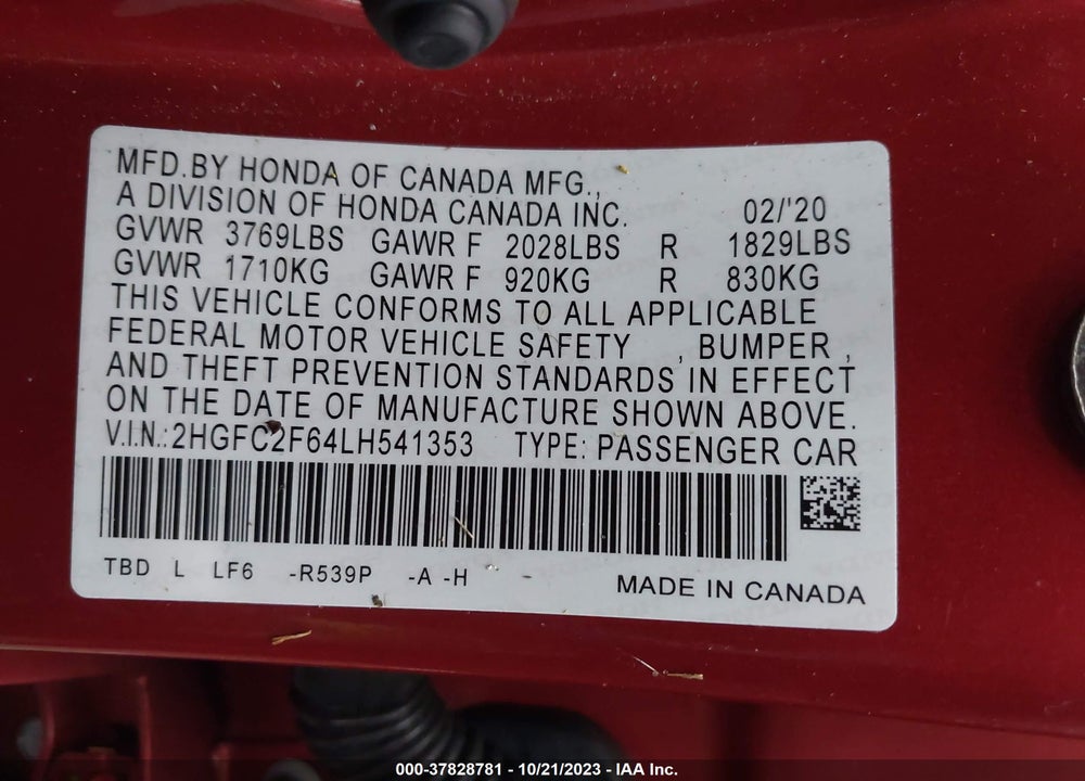 2020 HONDA CIVIC LX VIN: 2HGFC2F64LH541353