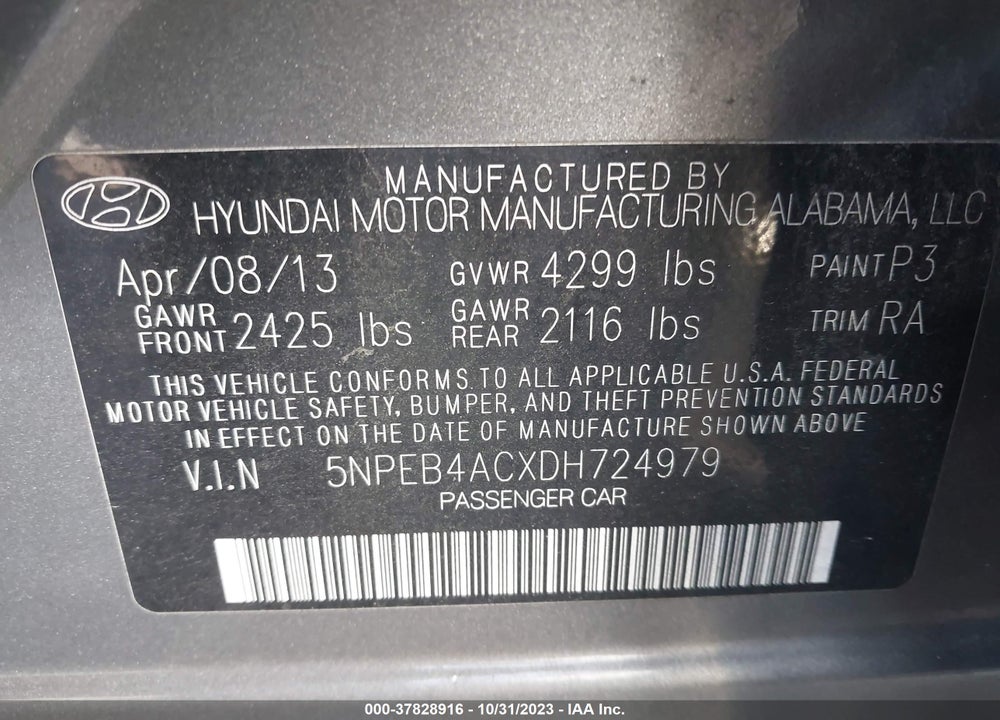 2013 HYUNDAI SONATA GLS VIN: 5NPEB4ACXDH724979