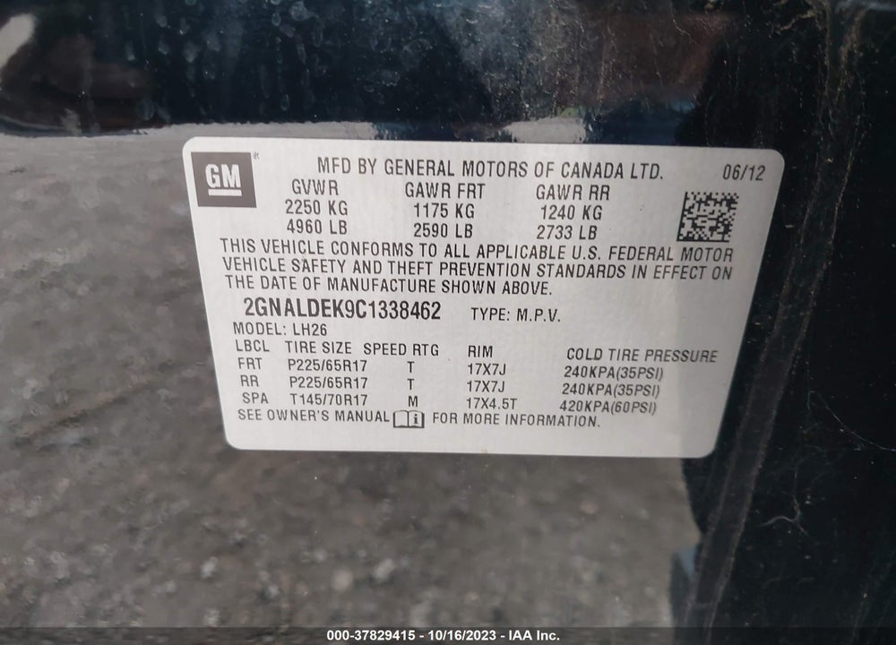2012 CHEVROLET EQUINOX 1LT VIN: 2GNALDEK9C1338462