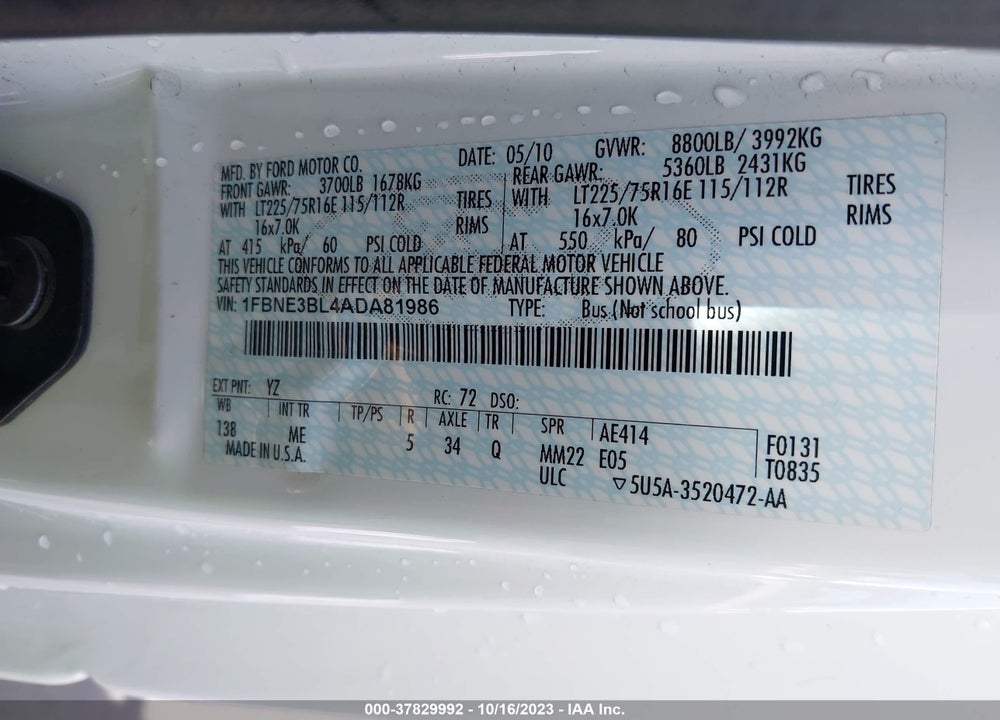 2010 FORD E-350 SUPER DUTY XLT/XL VIN: 1FBNE3BL4ADA81986