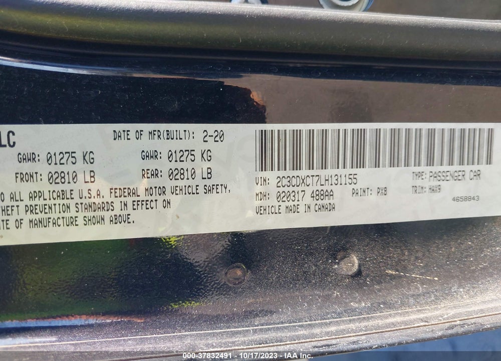 2020 DODGE CHARGER VIN: 2C3CDXCT7LH131155