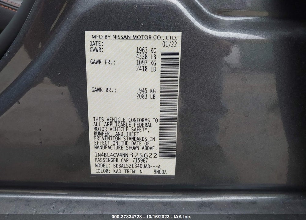 2022 NISSAN ALTIMA SR FWD VIN: 1N4BL4CV4NN325622