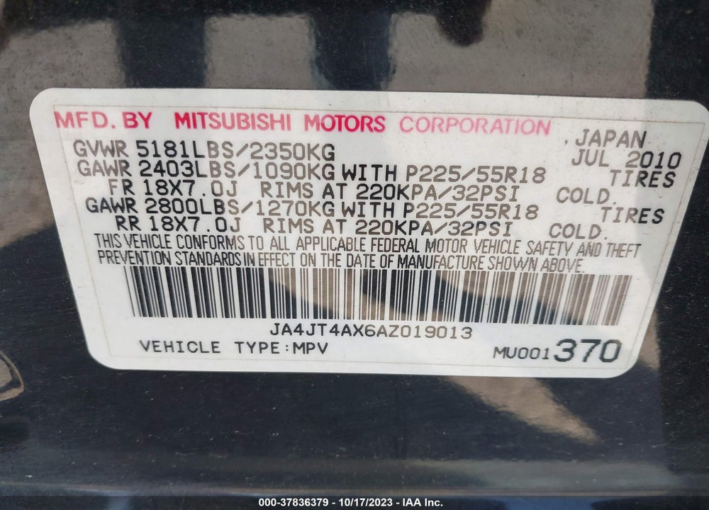 2010 MITSUBISHI OUTLANDER XLS VIN: JA4JT4AX6AZ019013