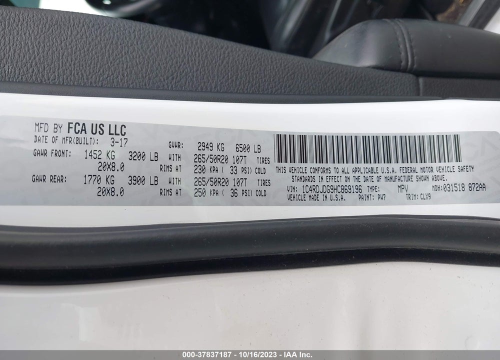 2017 DODGE DURANGO GT AWD VIN: 1C4RDJDG9HC869196