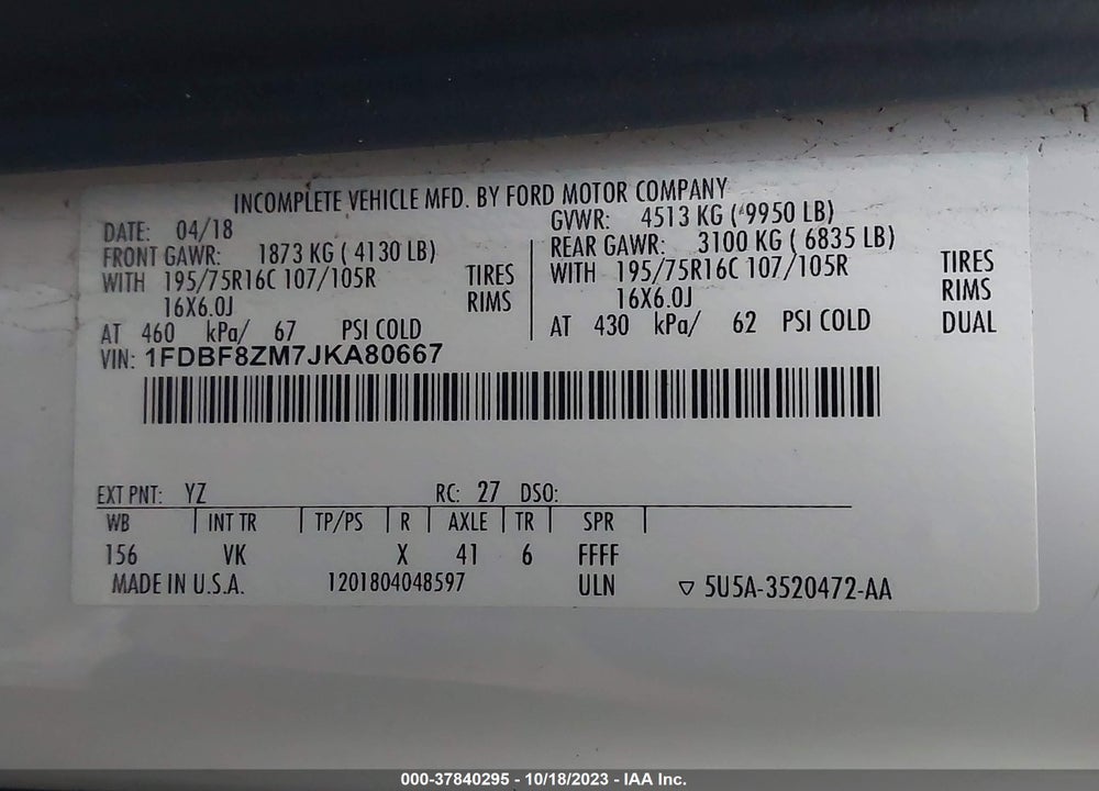 2018 FORD TRANSIT-350 VIN: 1FDBF8ZM7JKA80667