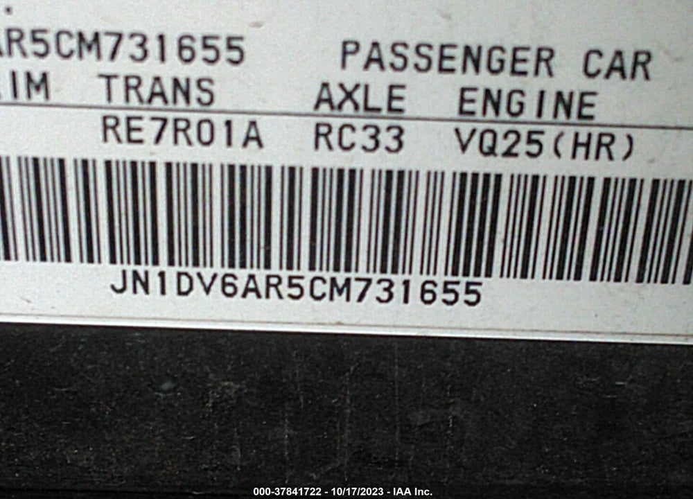 2012 INFINITI G25X VIN: JN1DV6AR5CM731655