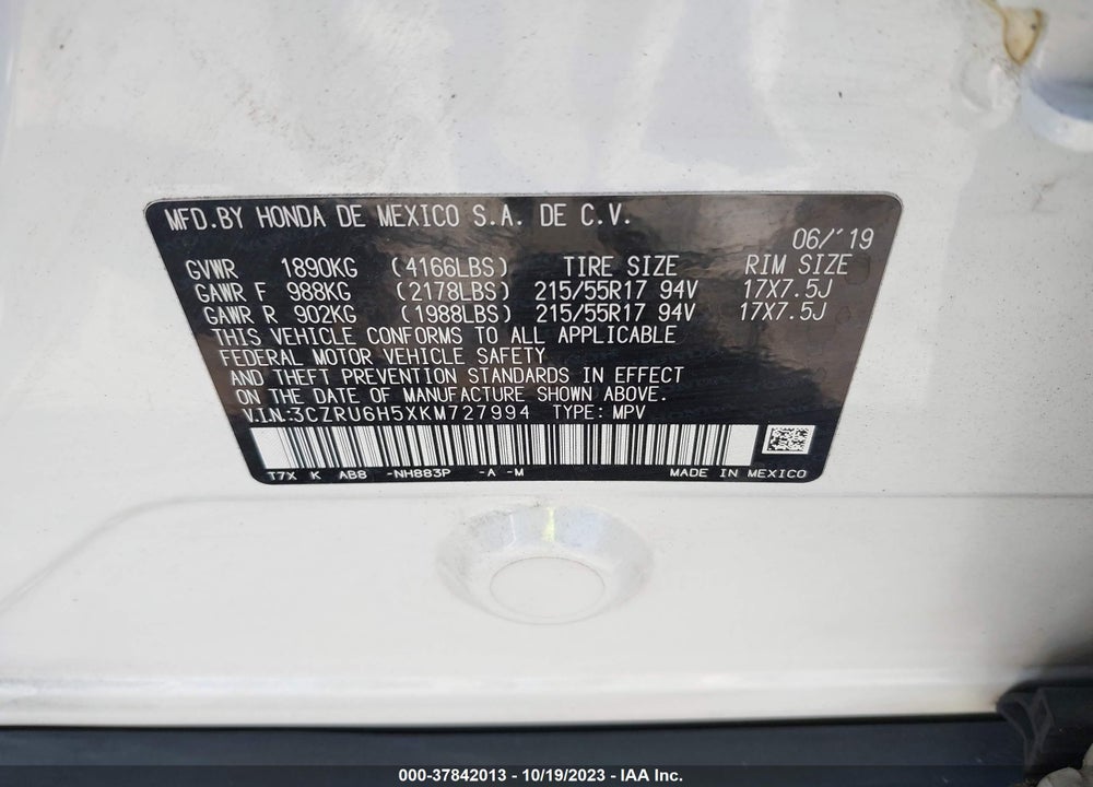 2019 HONDA HR-V EX VIN: 3CZRU6H5XKM727994