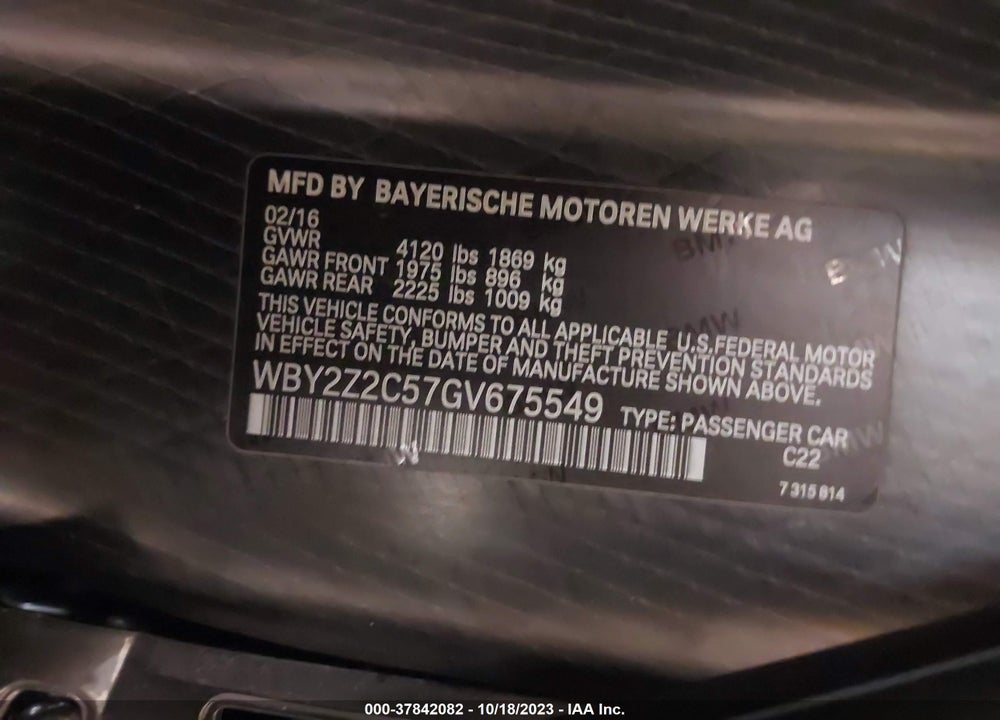 2016 BMW I8 VIN: WBY2Z2C57GV675549