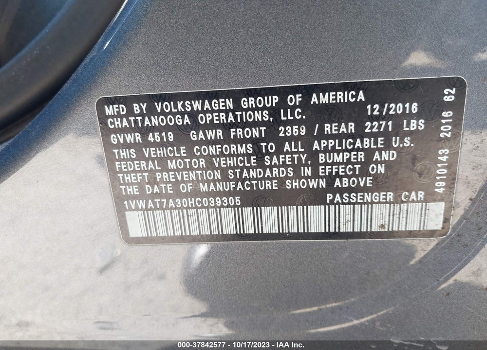 2017 VOLKSWAGEN PASSAT 1.8T S VIN: 1VWAT7A30HC039305