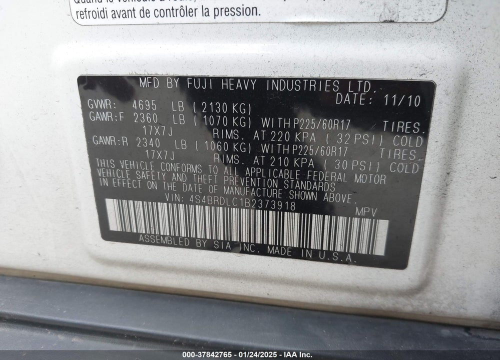 2011 SUBARU OUTBACK VIN: 4S4BRDLC1B2373918