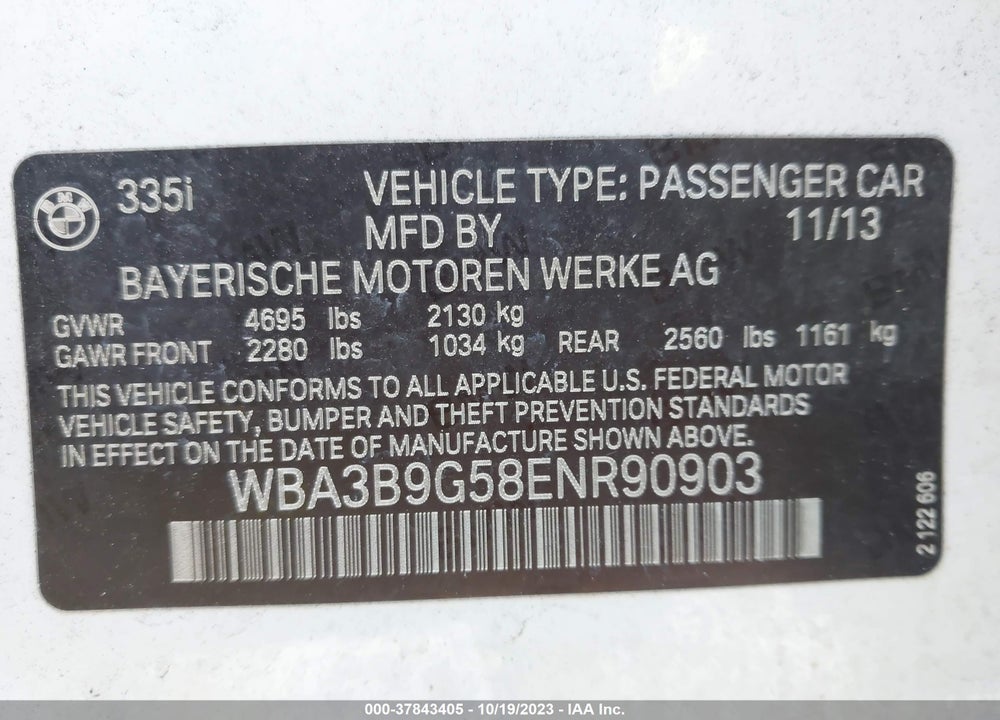 2014 BMW 335I XDRIVE VIN: WBA3B9G58ENR90903