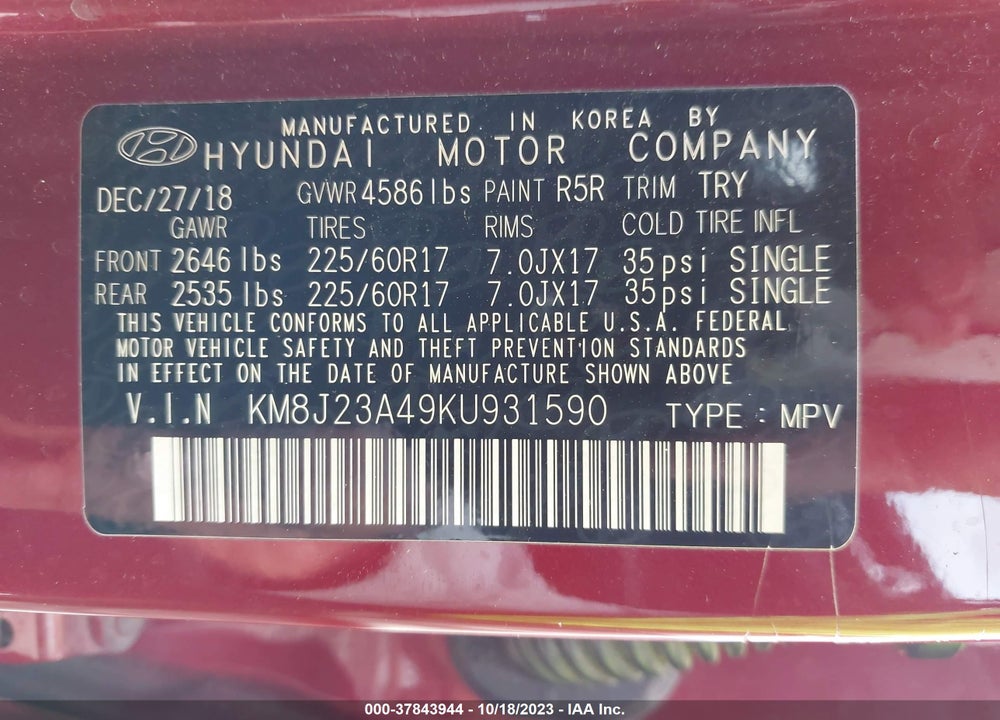 2019 HYUNDAI TUCSON SE VIN: KM8J23A49KU931590